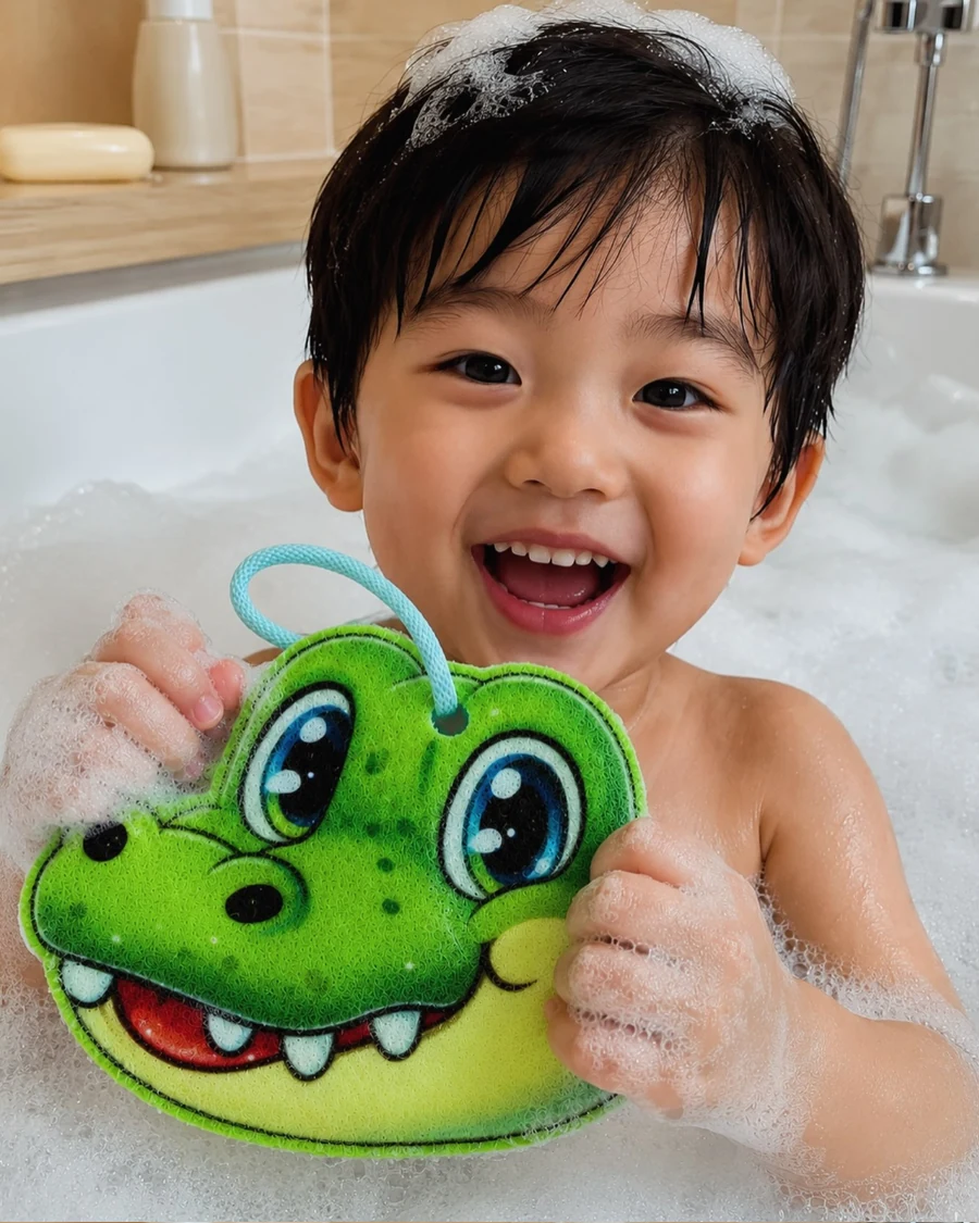 Criança feliz no banho com a esponja Charmosinho